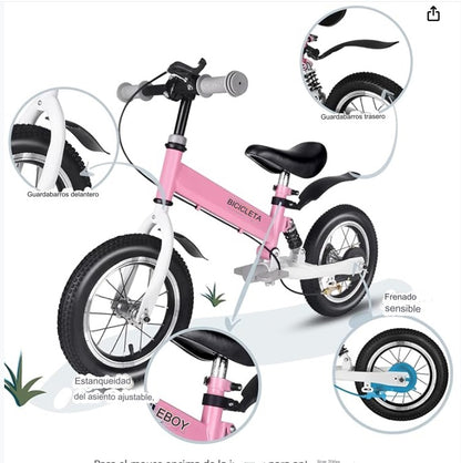 Bicicleta para Niños, 2 en 1 aro 14, Pedales y balance ROSADA