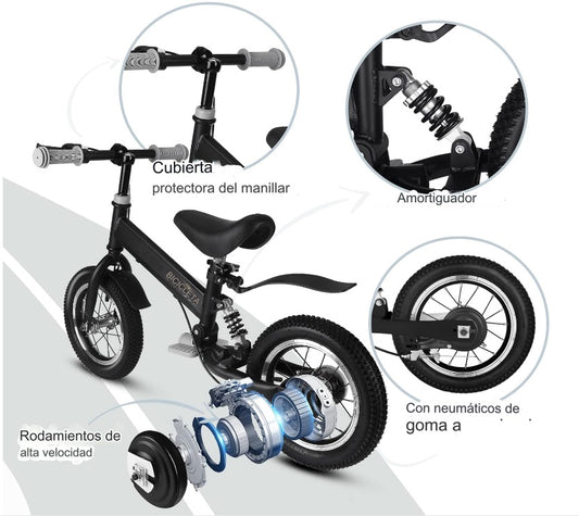 Bicicleta para Niños, 2 en 1 aro 14, Pedales y balance. NEGRA